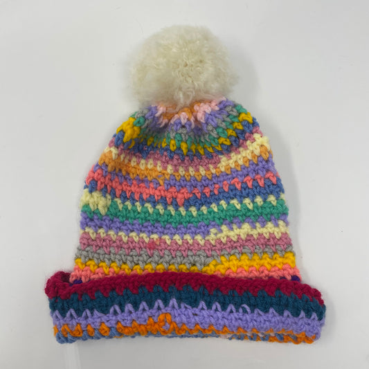 Crochet Winter Hat Beanie with Pompom: Pastel Rainbow Handmade