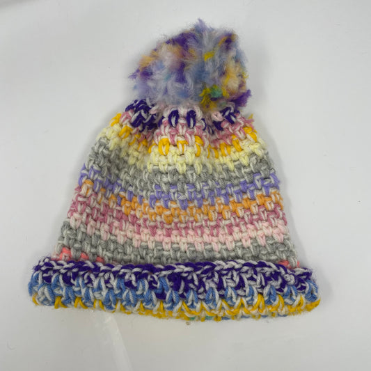 Crochet Winter Hat Beanie with Pompom: Rainbow Pastel Handmade 16 in