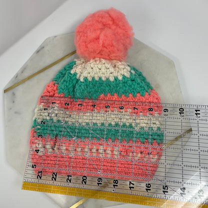 Winter Hat Beanie with Pompom: Coral & Teal