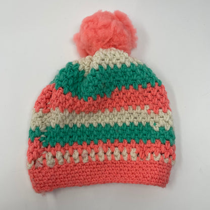 Winter Hat Beanie with Pompom: Coral & Teal