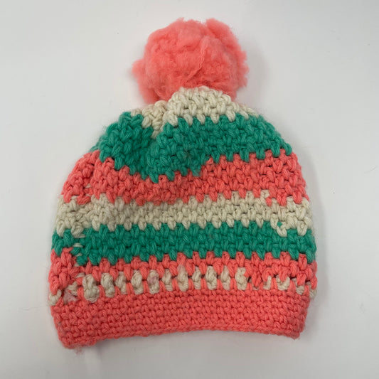 Crochet Winter Hat Beanie with Pompom: Coral & Teal 18 in Handmade