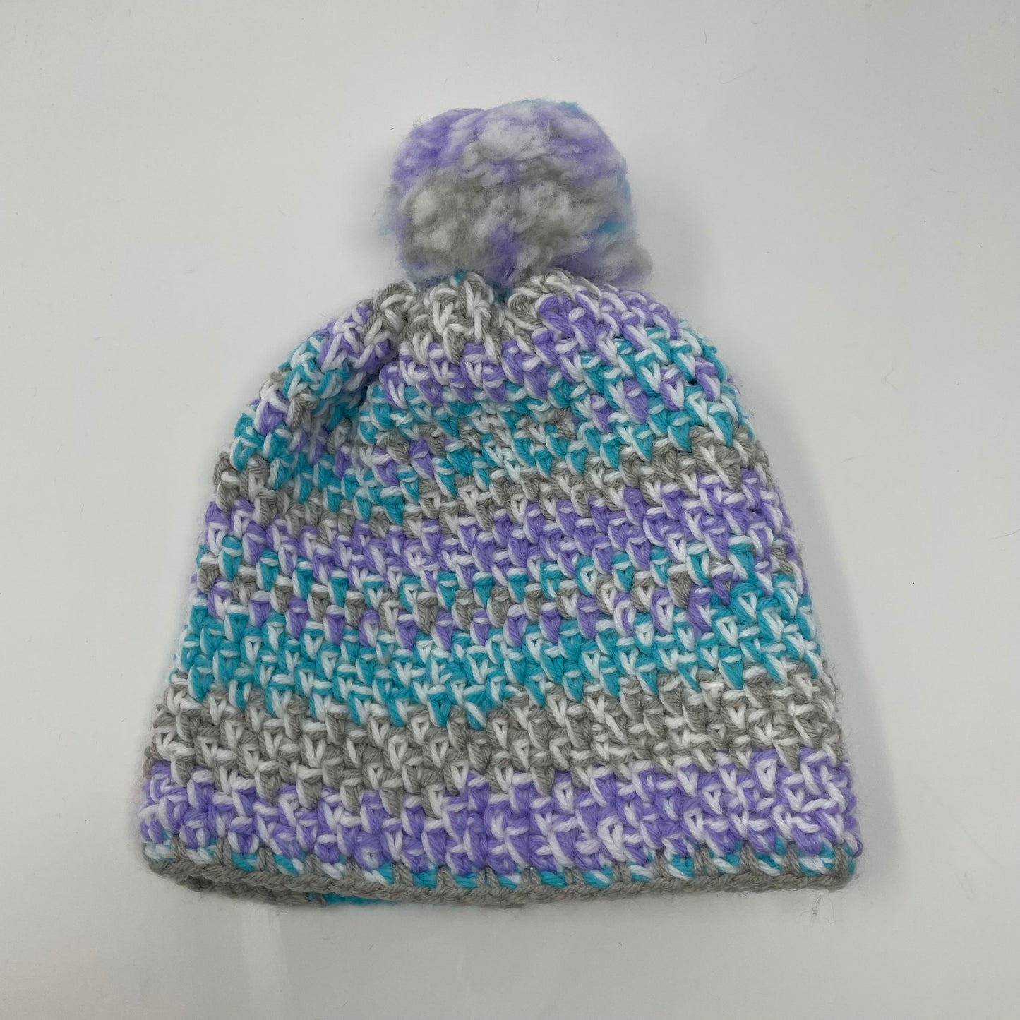 Winter Hat Beanie with Pompom: Purple, Blue, Grey & White