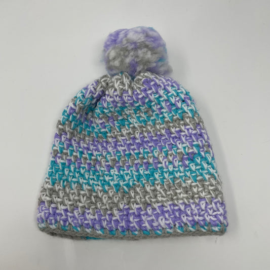 Crochet Winter Hat Beanie with Pompom: Purple, Blue, Grey & White Handmade 18 in