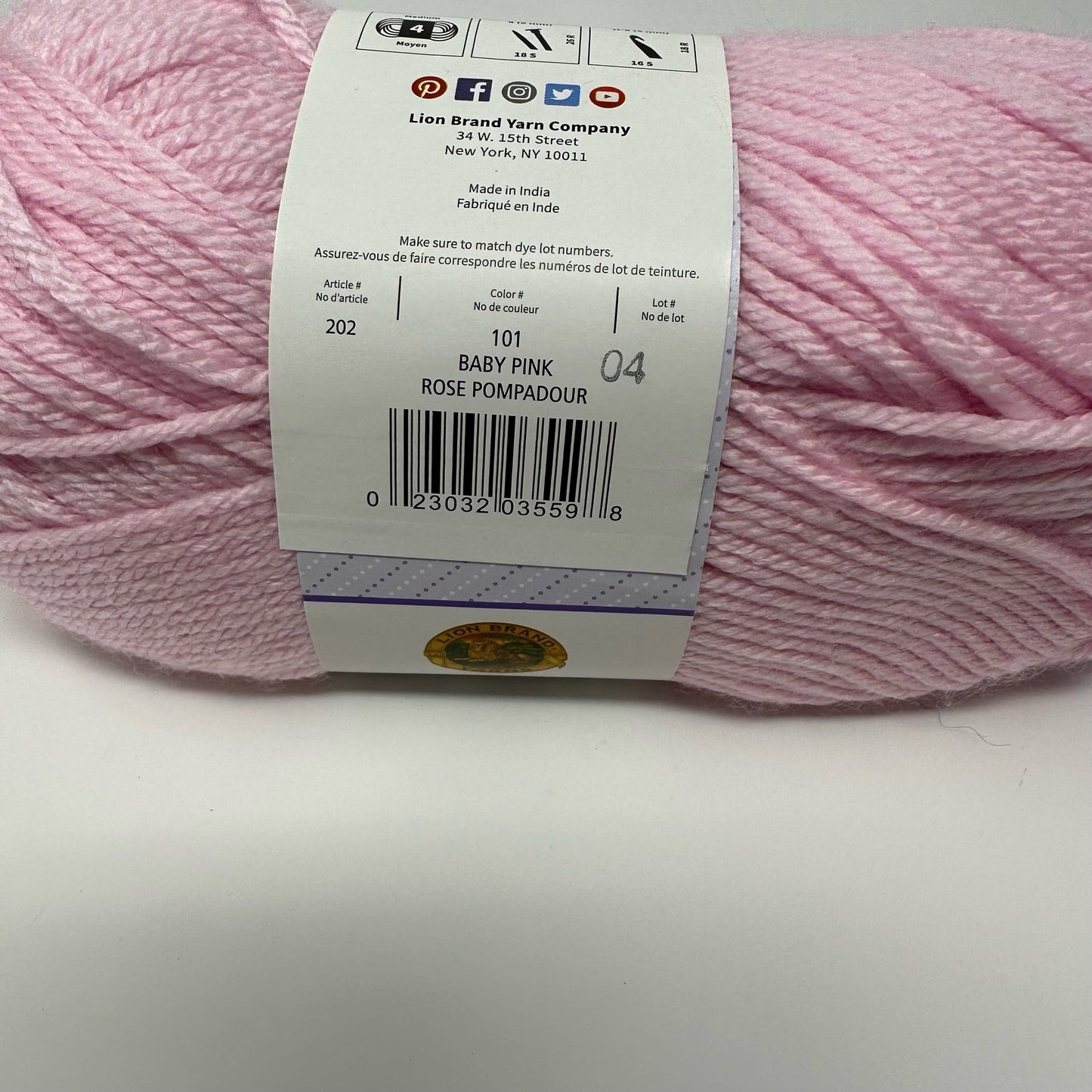 Lion Brand Yarn Basic Stitch Medium Worsted Baby Pink 185 Yd 3.5 oz Acrylic